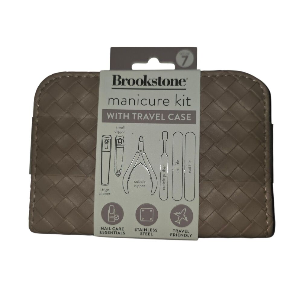 Brookstone 7 pcs. Zippered Travel Manicure Set Tan Woven Design NEW